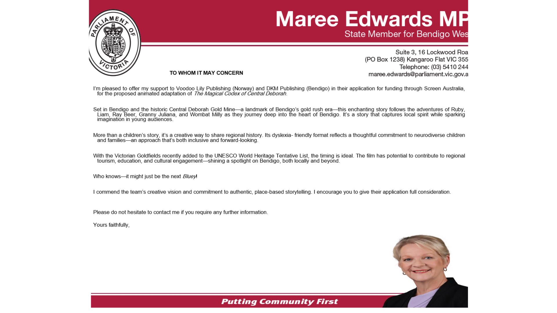 Letter from The Hon. Maree Edwards MP