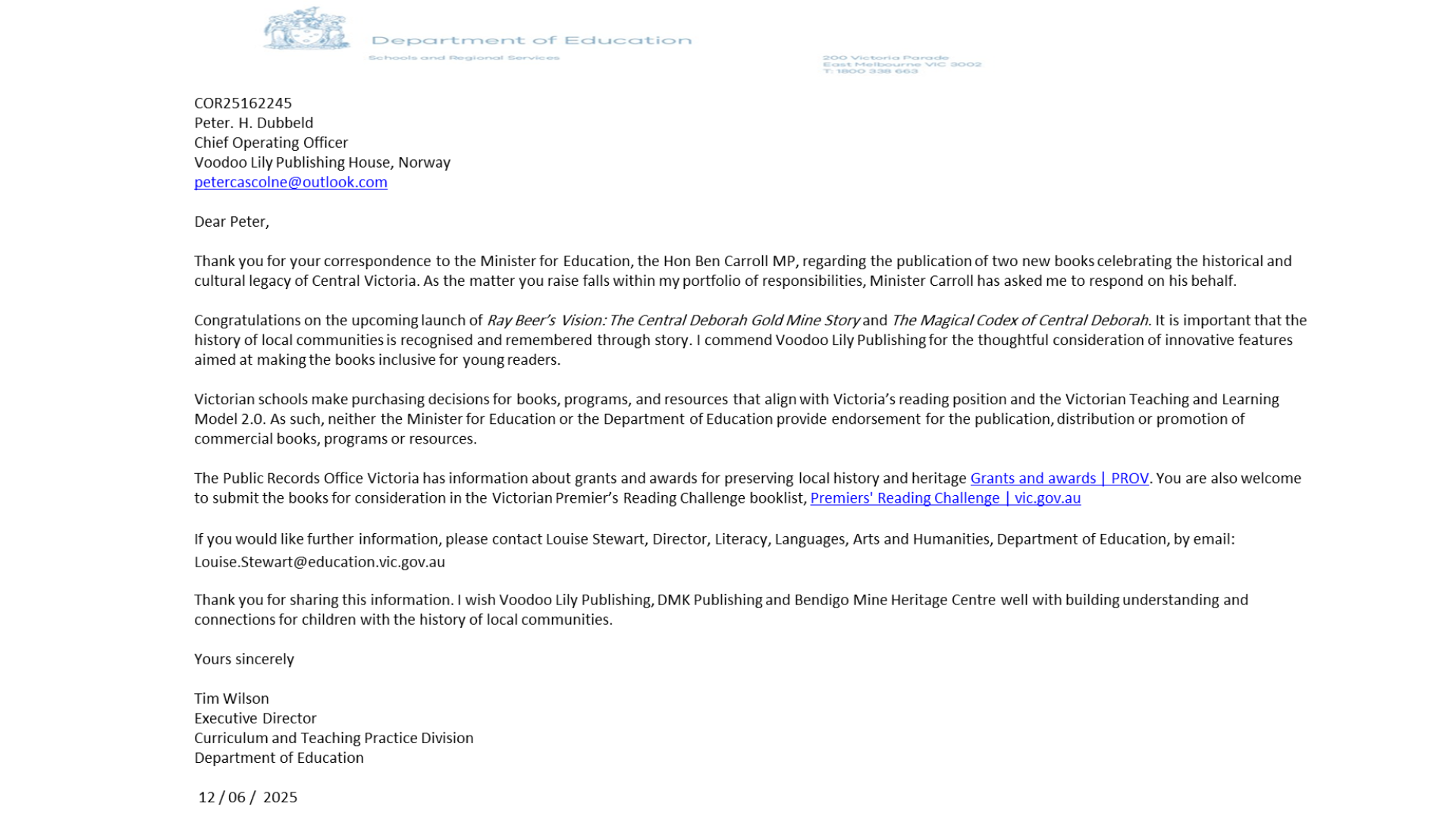 Letter from Australian Minister of Education